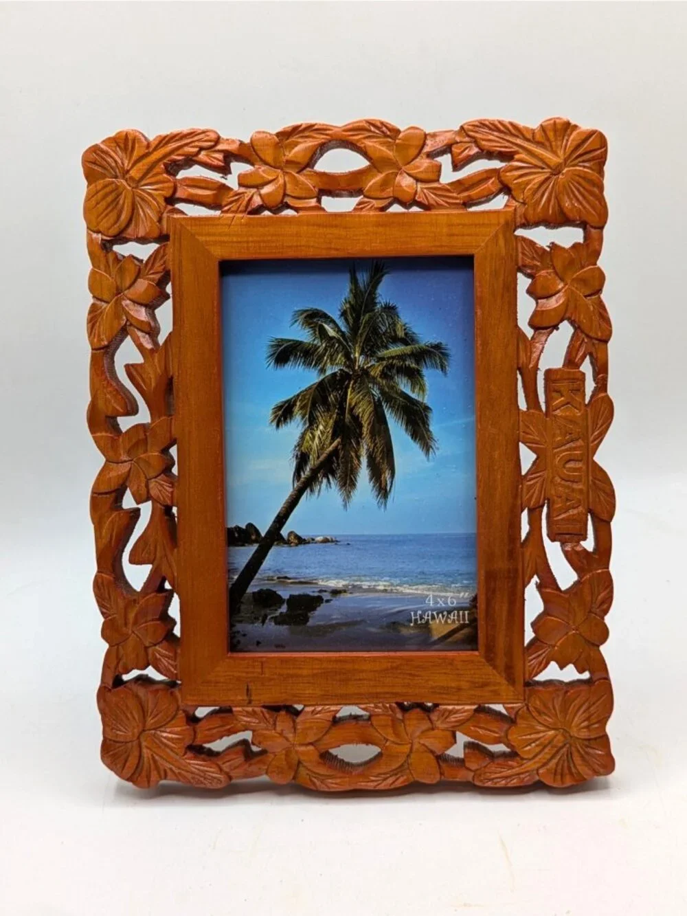 Vtg Hawaiian Kauai Island Hand Carved Wood Frame Floral Hibiscus Tropical 4x6